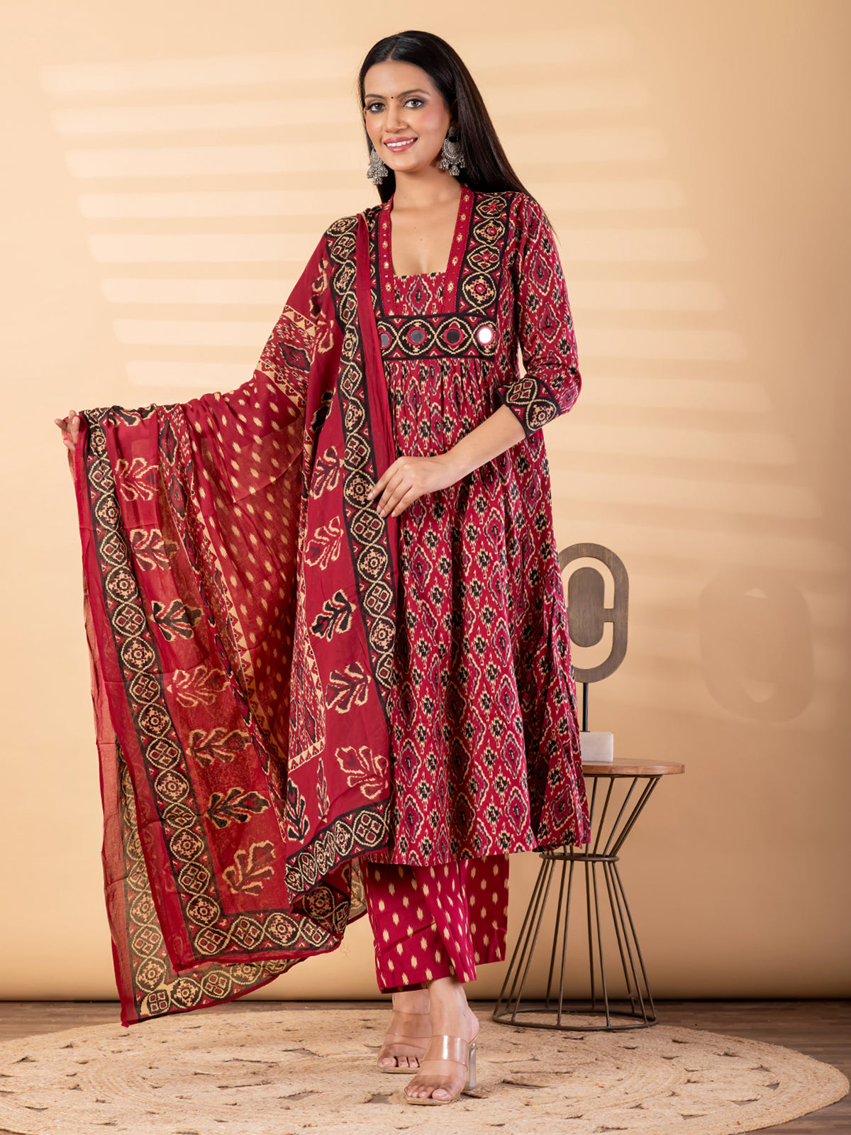 Maroon cotton printed kurti set with dupatta