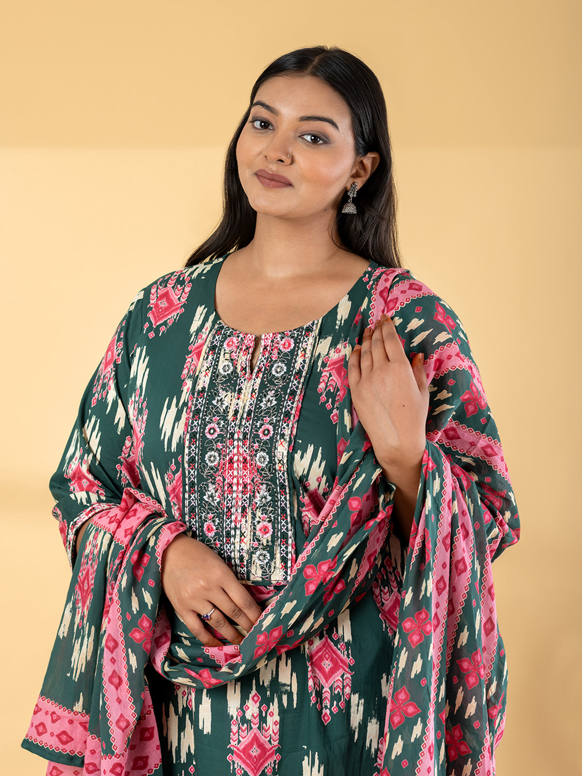 Green cotton printed kurti set for casual wear