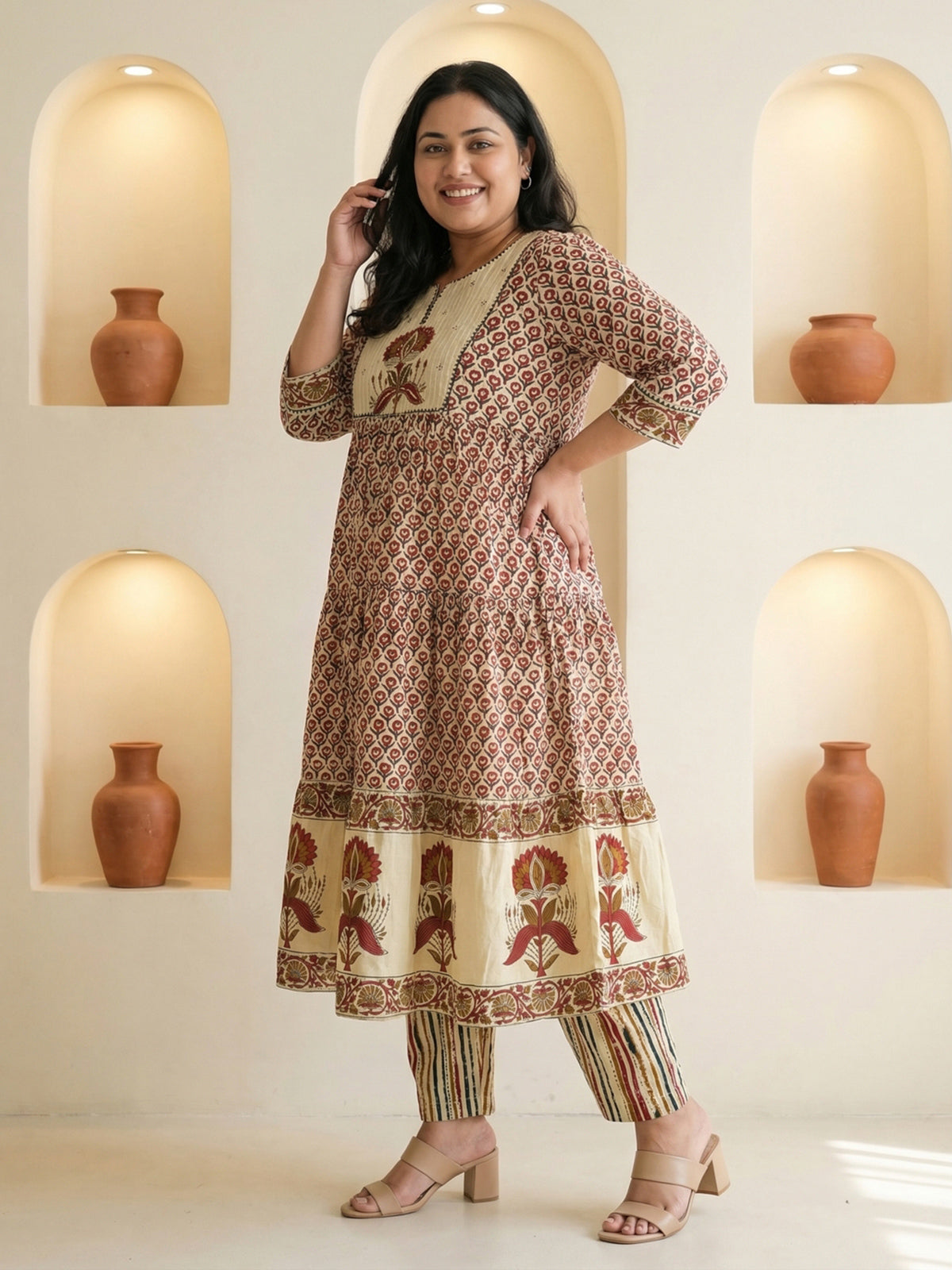 Cream cotton printed festive wear kurti set with dupatta