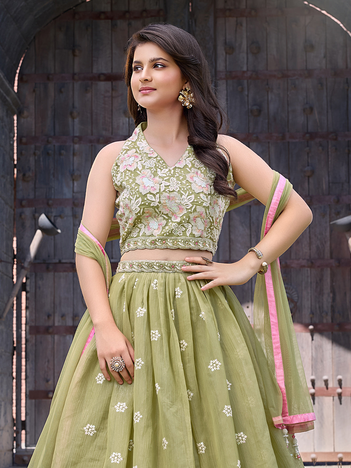 Pista green wedding wear chiffon lehenga choli