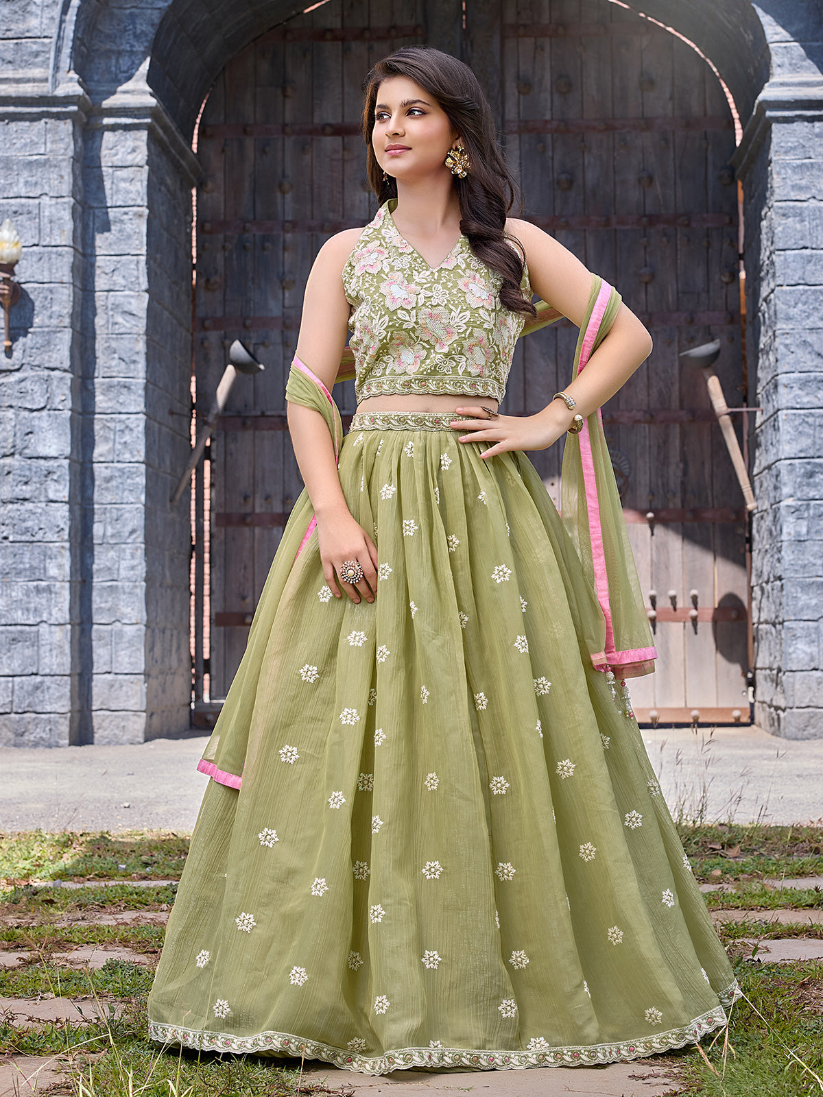 Pista green wedding wear chiffon lehenga choli