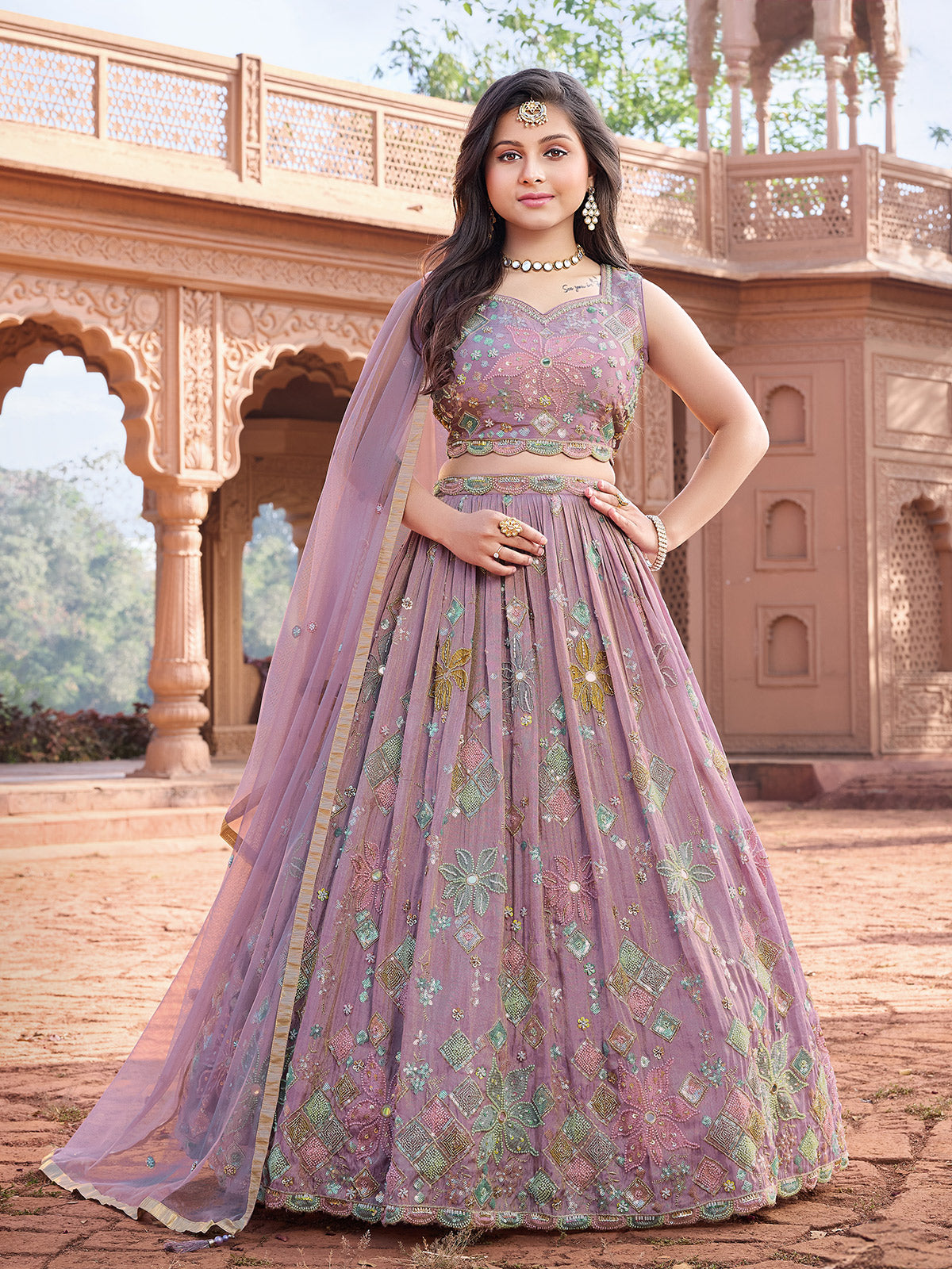 Purple silk girls lehenga choli with thread work