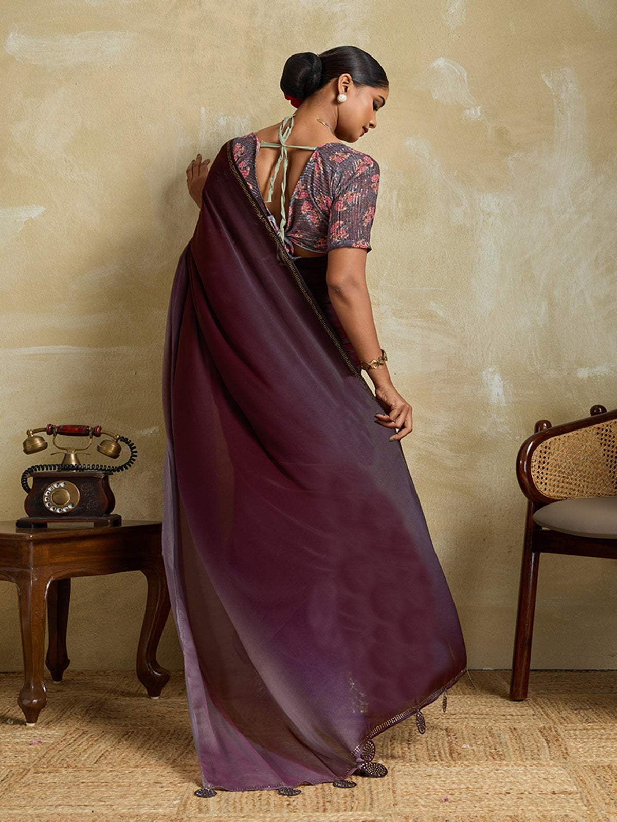 Wine shaded velvet chiffon saree with stone work