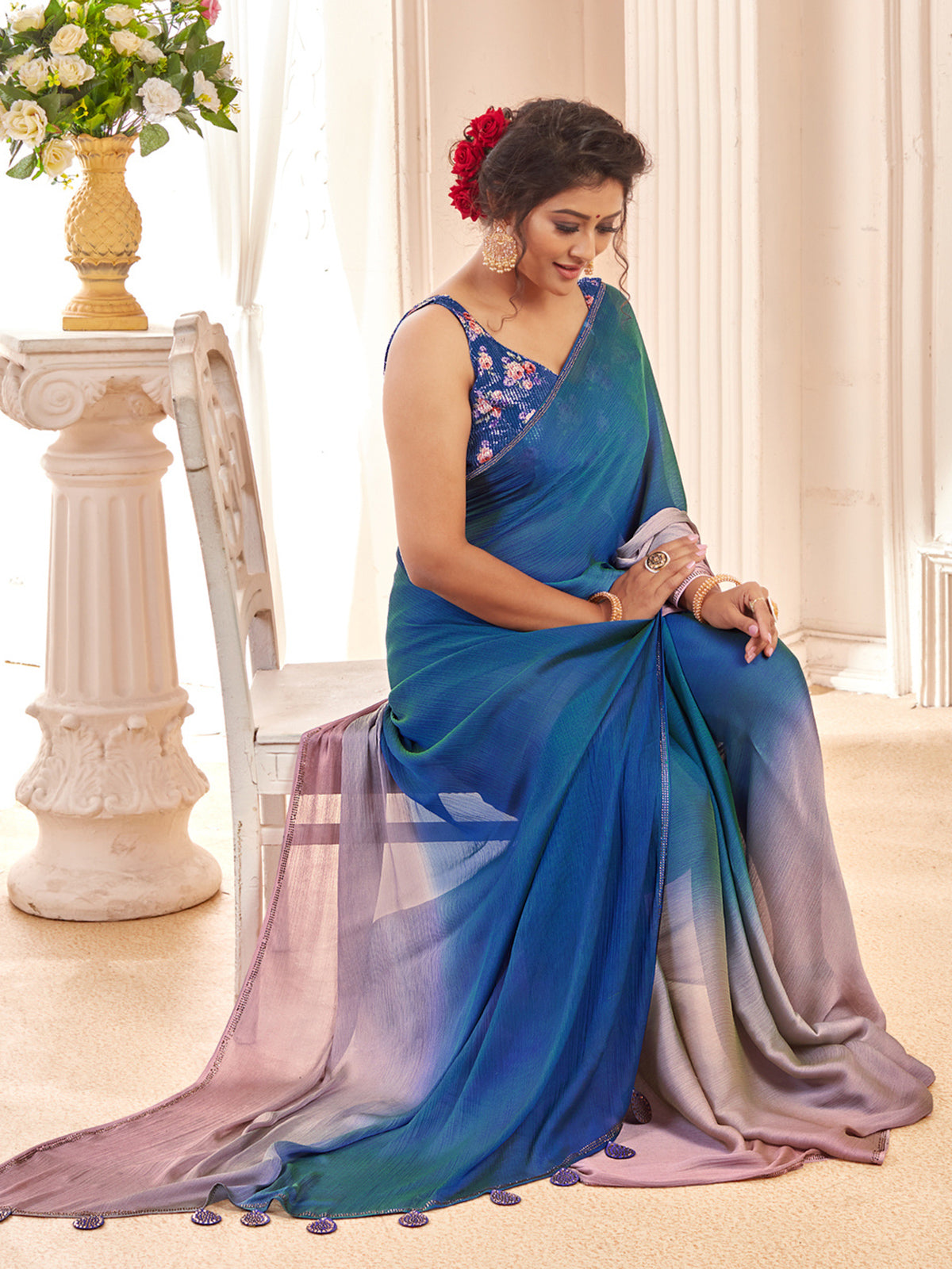 Blue shaded velvet chiffon saree with stone detailing
