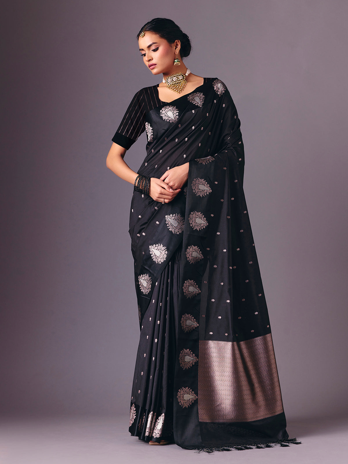 Black semi silk party wear zari work saree
