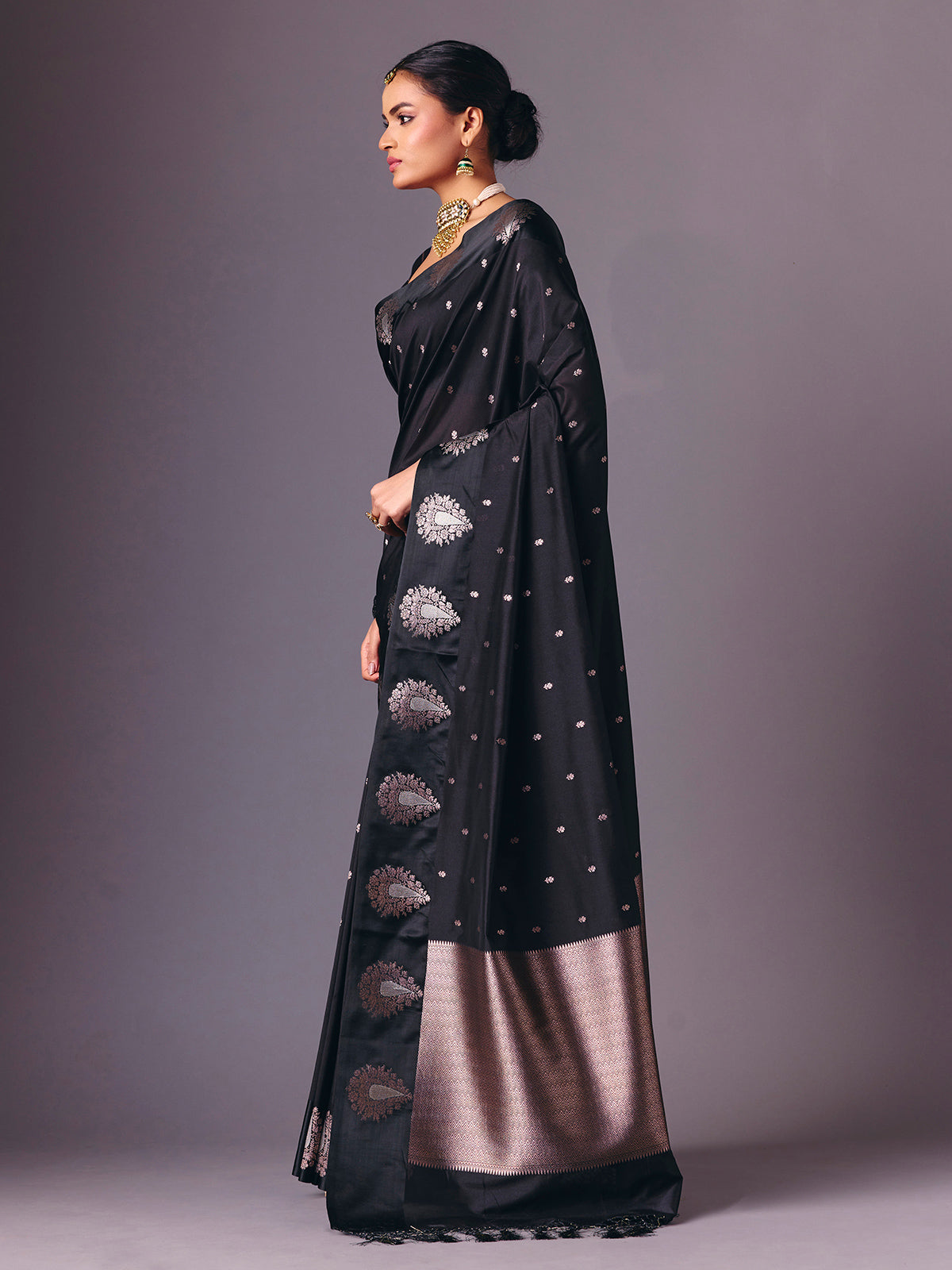 Black semi silk party wear zari work saree