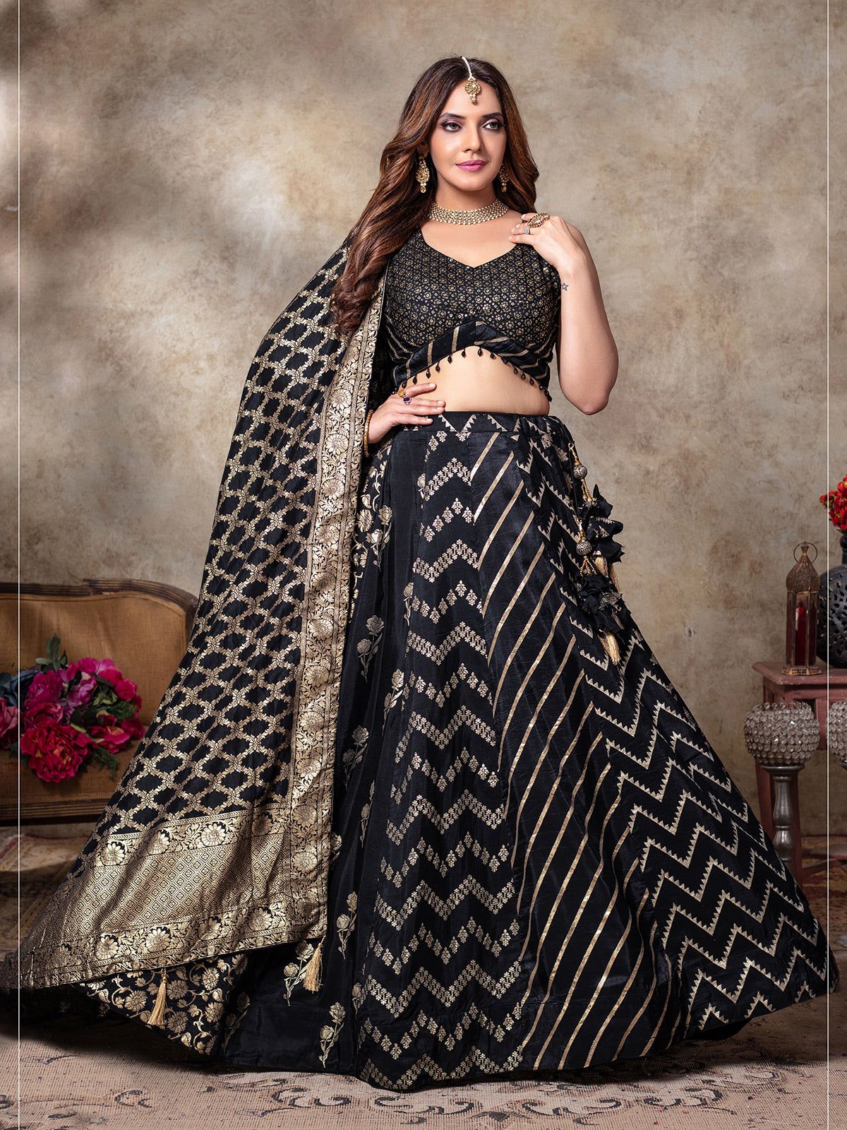 Black silk lehenga choli for wedding celebration