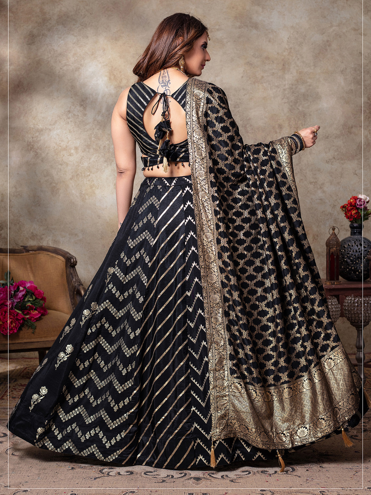 Black silk lehenga choli for wedding celebration
