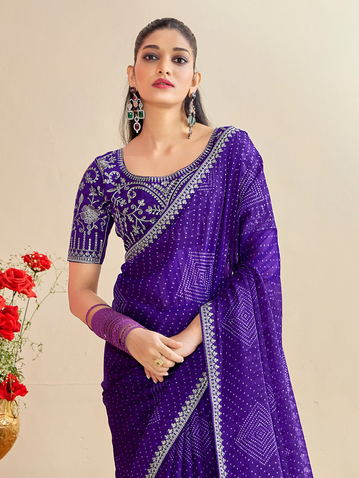 Purple georgette bandhej printed festive saree