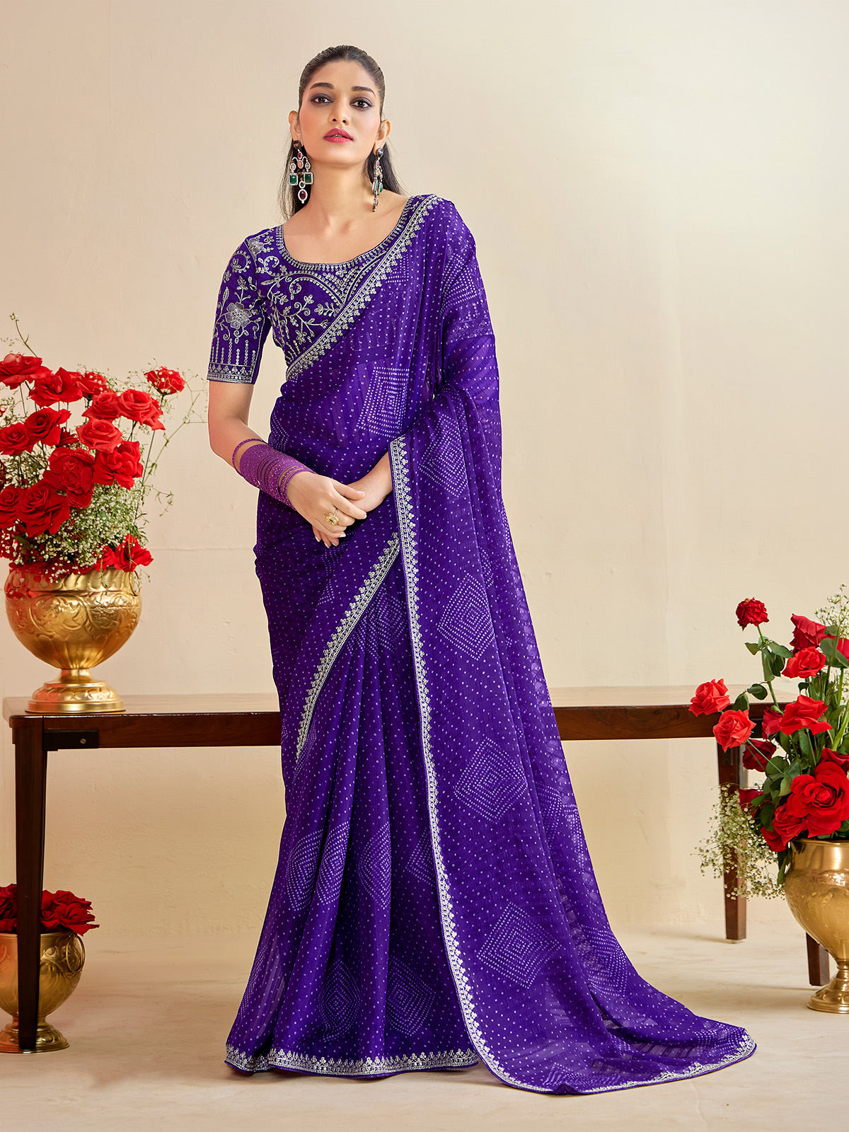 Purple georgette bandhej printed festive saree