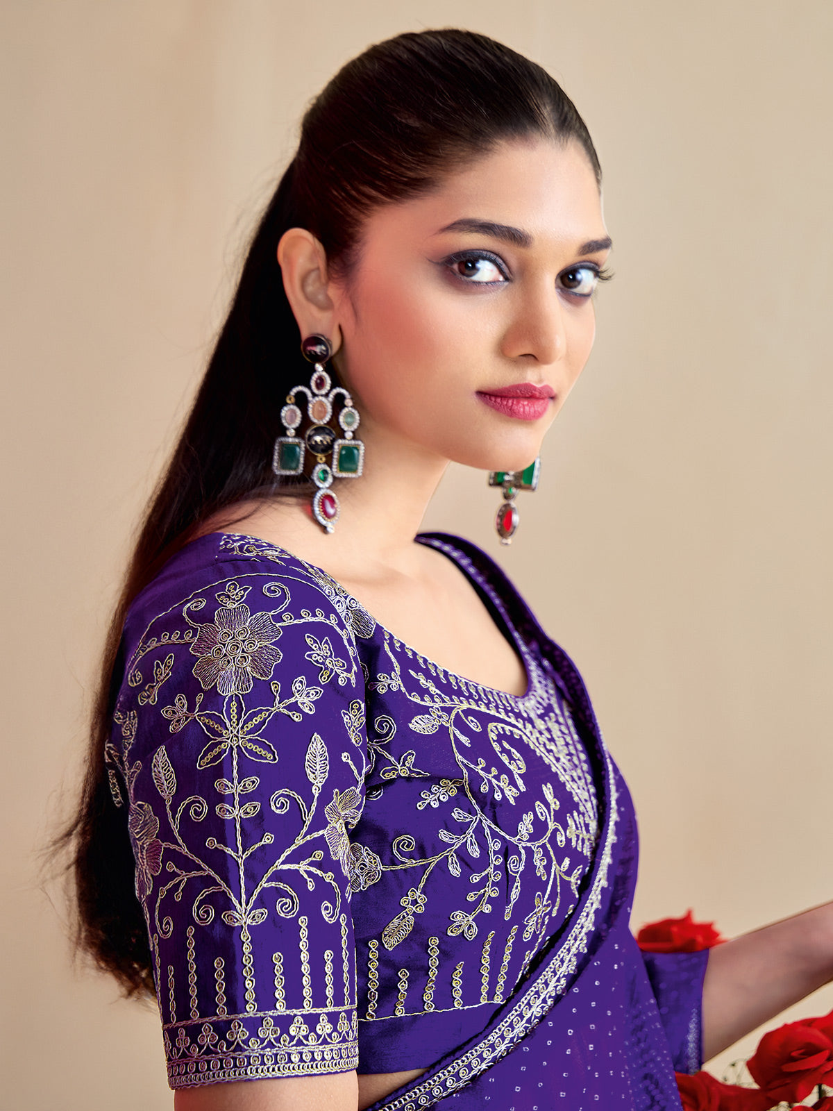 Purple georgette bandhej printed festive saree