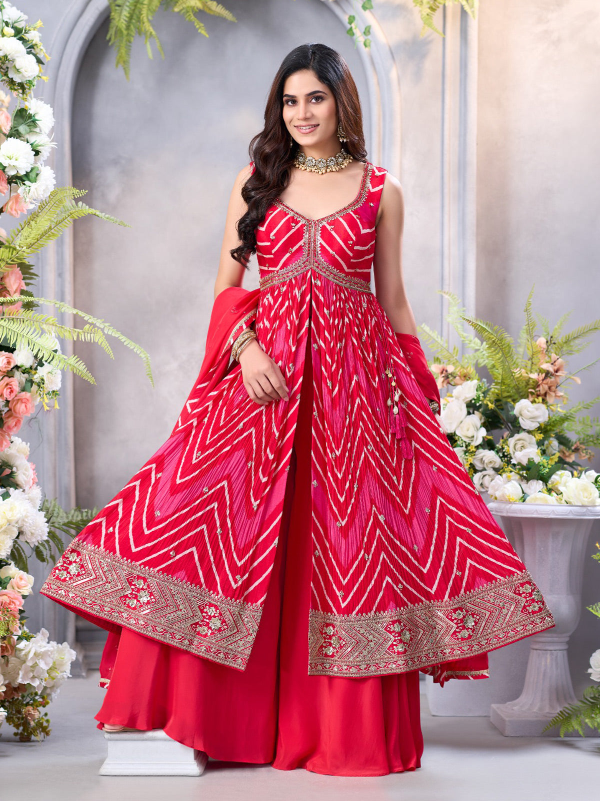 Cherry red chinon anarkali suit with palazzo for women