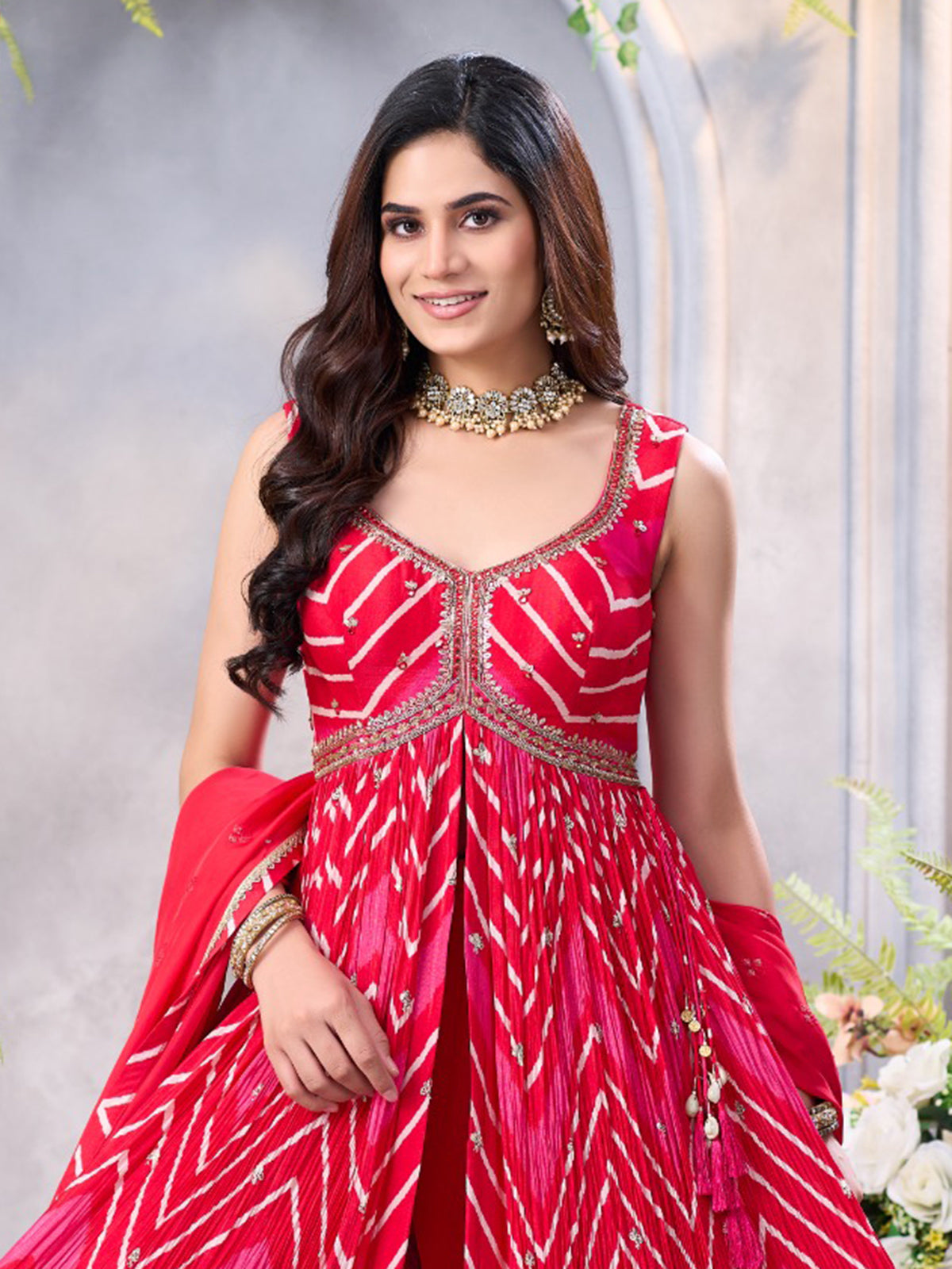 Cherry red chinon anarkali suit with palazzo for women
