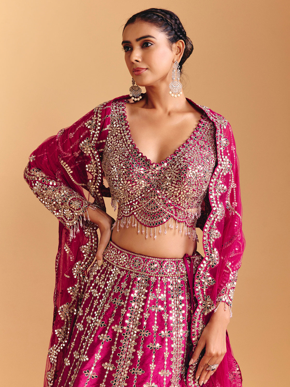 Deep rani pink raw silk lehenga choli with mirror embellishments