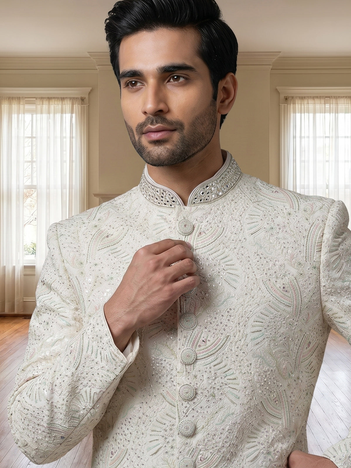 Cream chikankari sherwani with ornate collar detailing