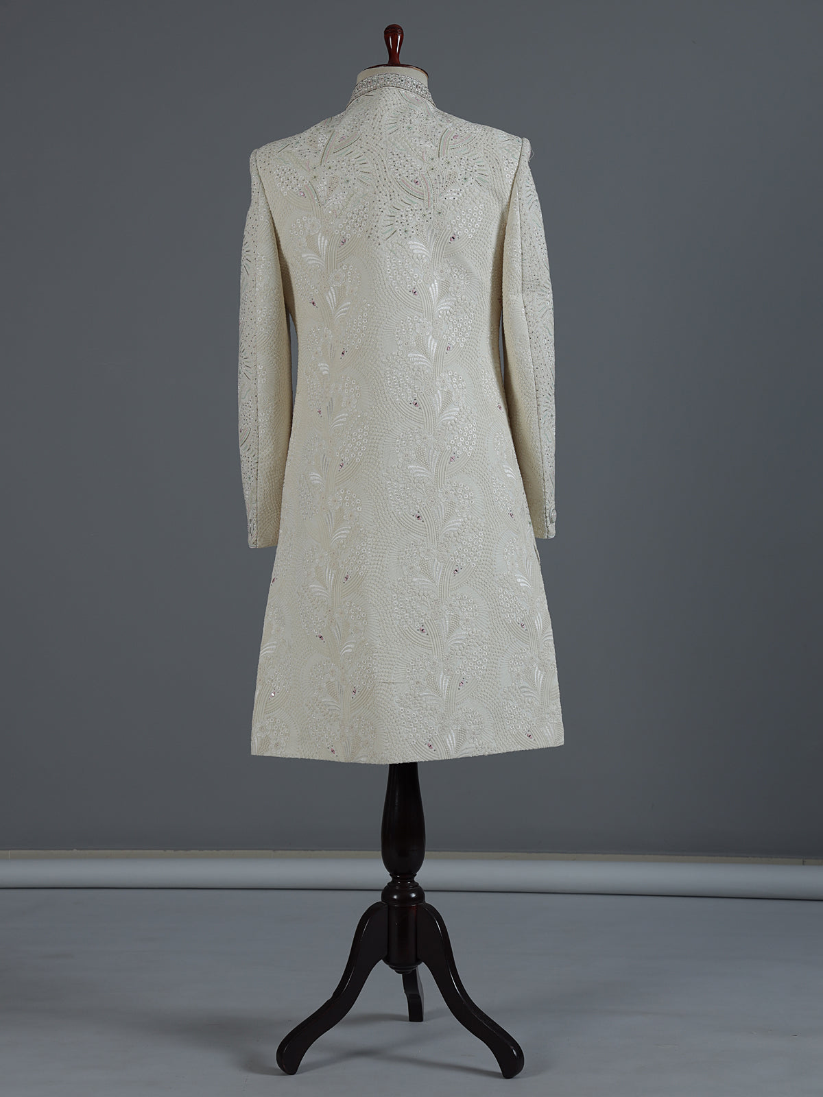 Cream chikankari sherwani with ornate collar detailing