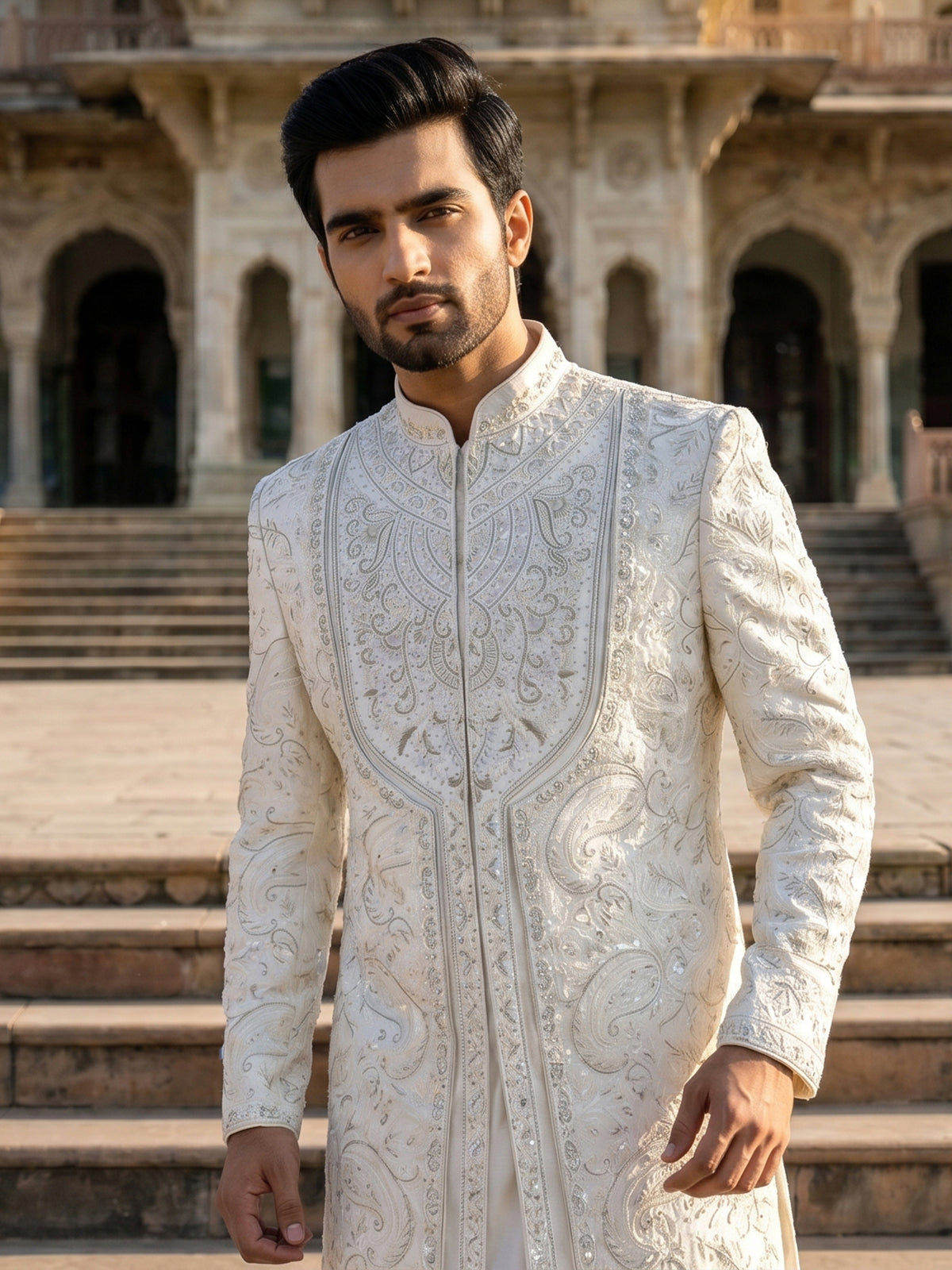 White raw silk sherwani with intricate embroidery and stone detailing