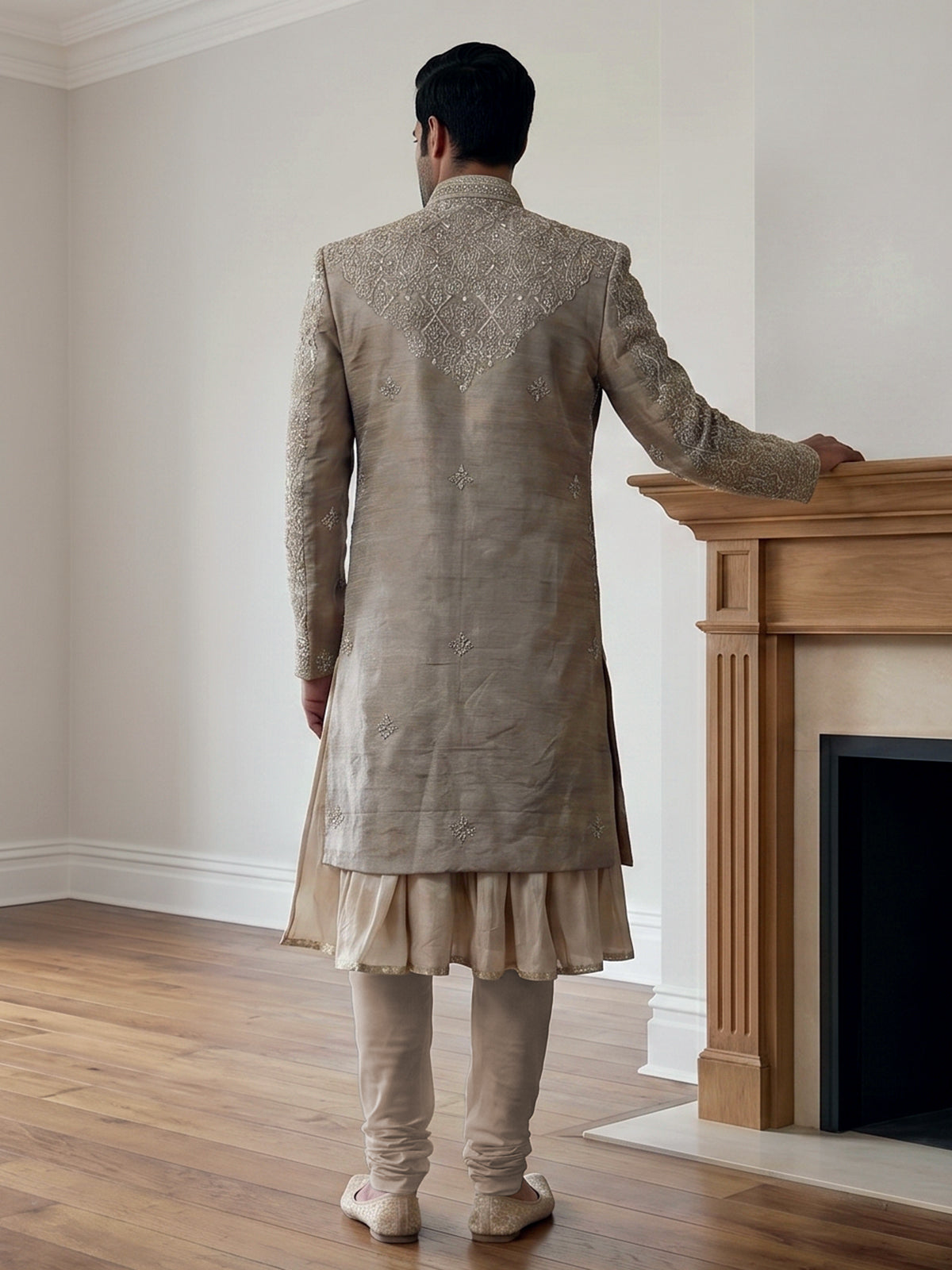 Beige silk sherwani with floral resham work and embroidered dupatta