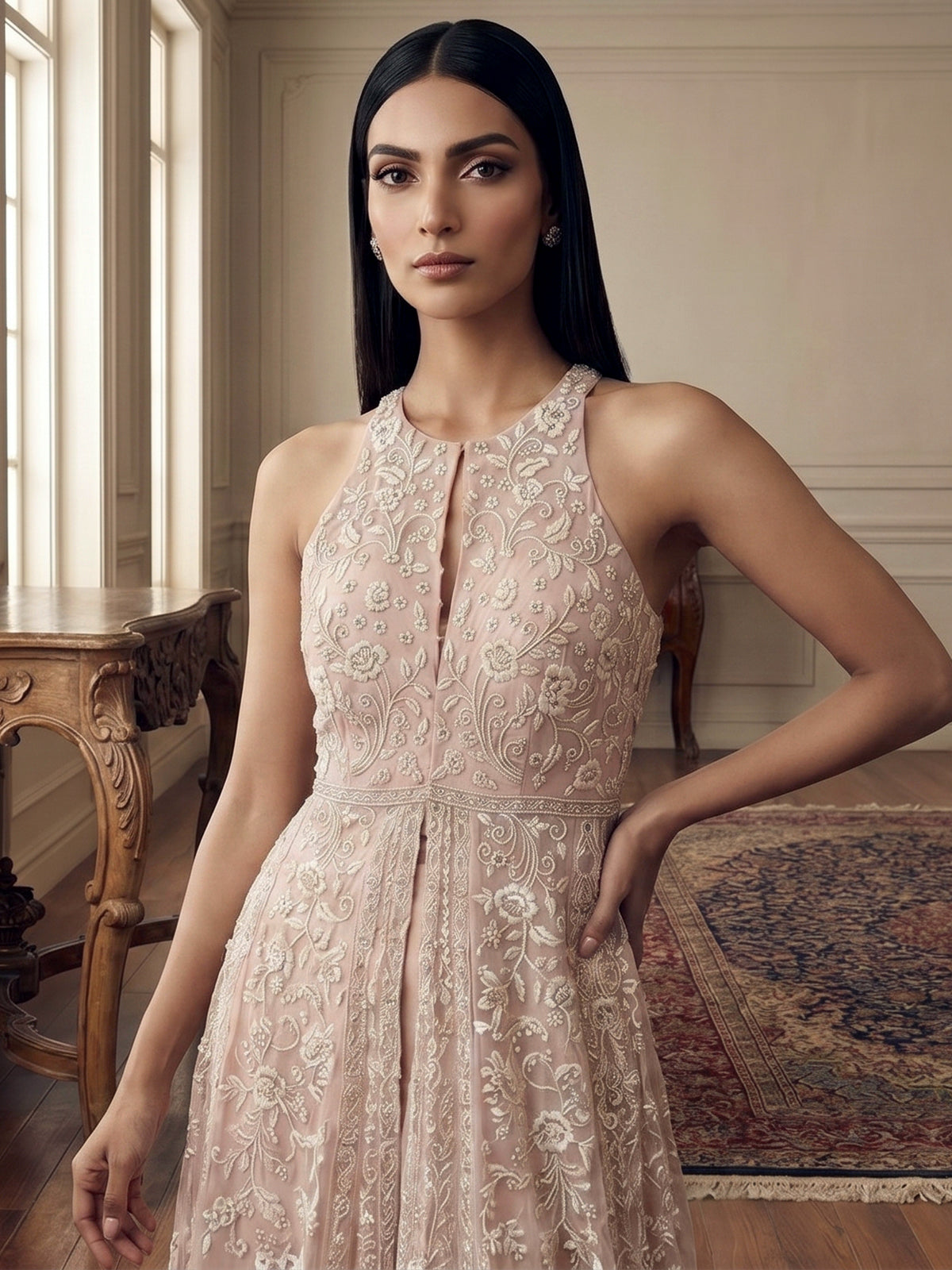 Elegant pink tissue silk palazzo suit with designer detailing