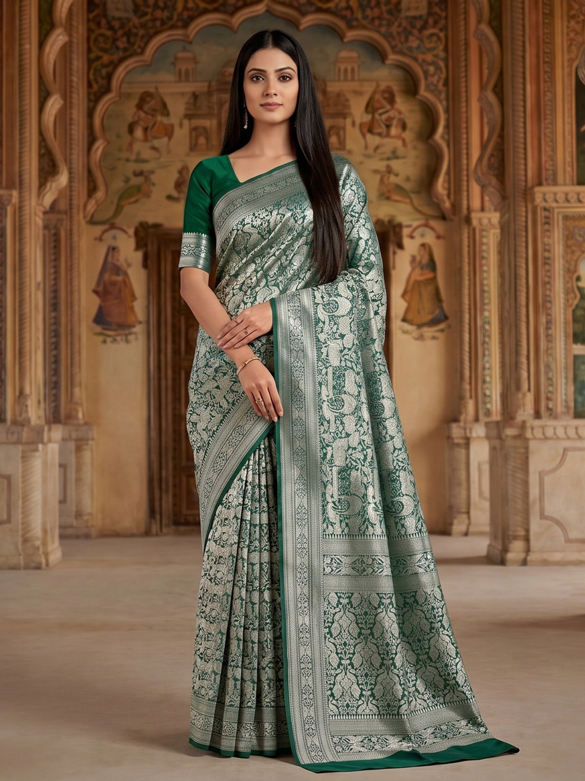 Dark green banarasi silk saree designed for wedding wear