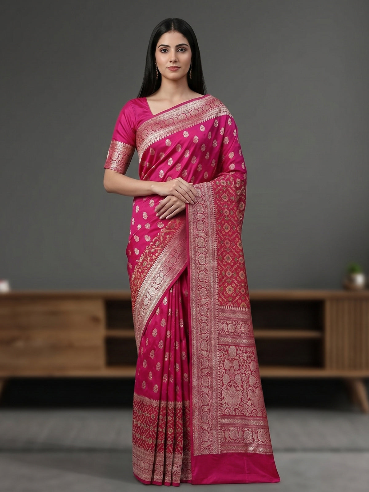 Rani pink banarasi silk saree perfect for wedding celebrations
