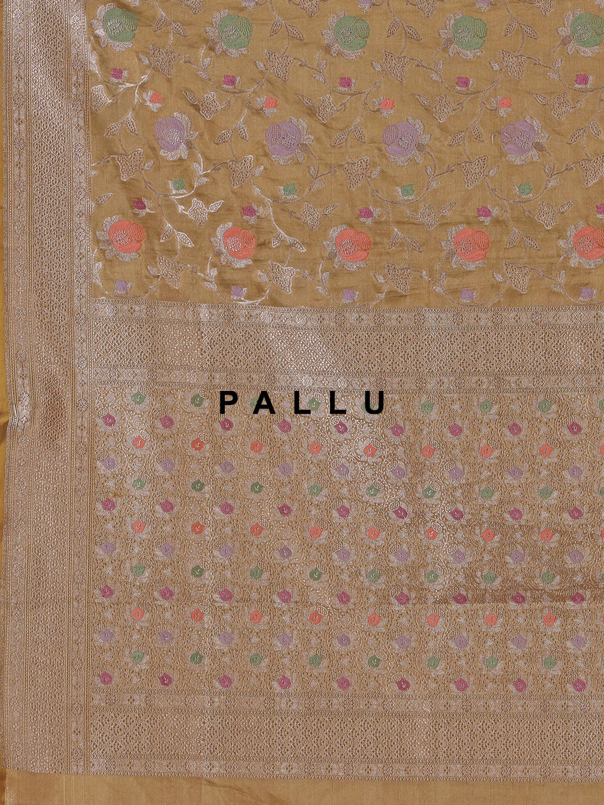 Beige banarasi silk saree highlighted with golden zari detailing