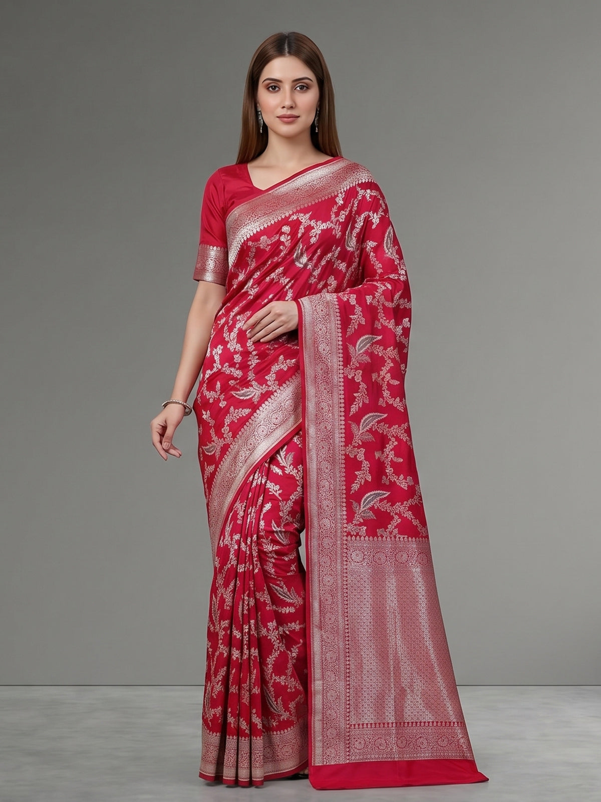 Red banarasi silk saree with golden zari detailing for wedding wear