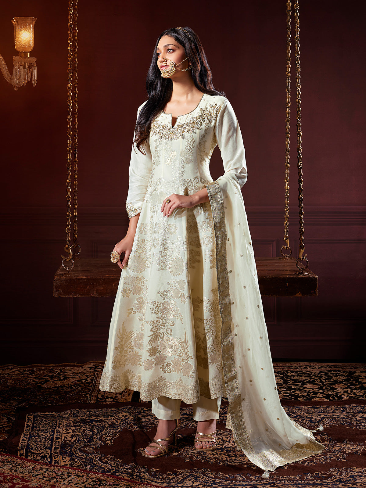 Cream silk anarkali kurti set with zardosi work