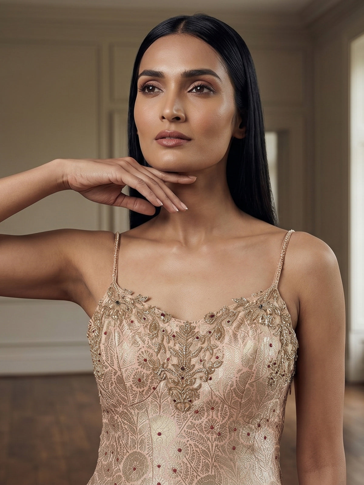 Peach brocade anarkali suit with zardosi zari elegance