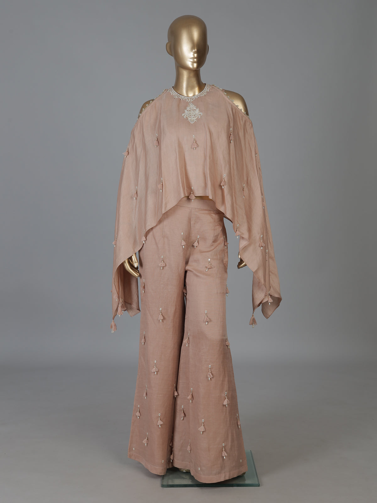 Peach cotton linen designer suit with tassel palazzo