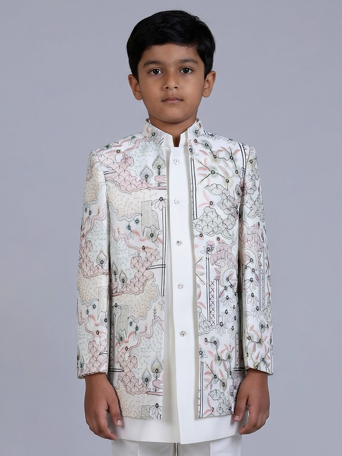 Off white terry rayon indowestern suit with thread embroidery
