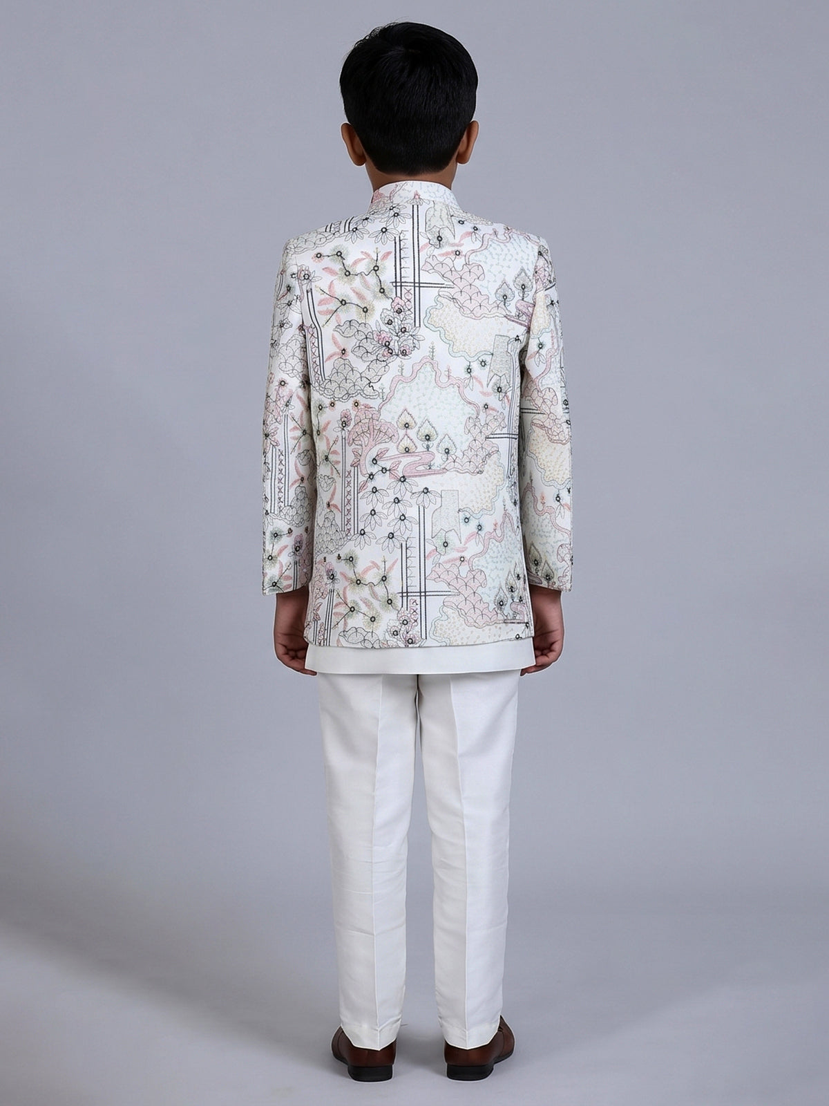Off white terry rayon indowestern suit with thread embroidery