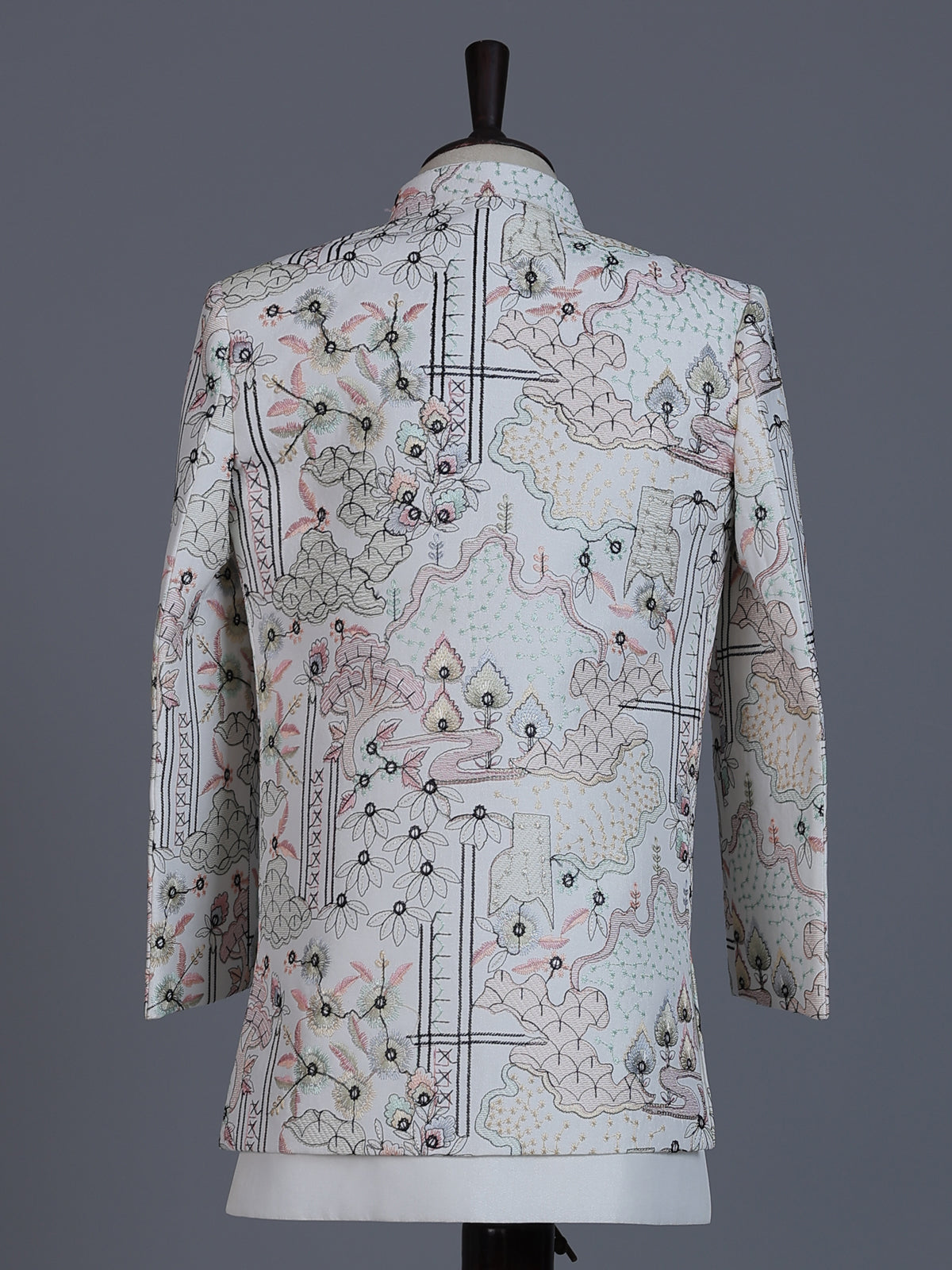 Off white terry rayon indowestern suit with thread embroidery
