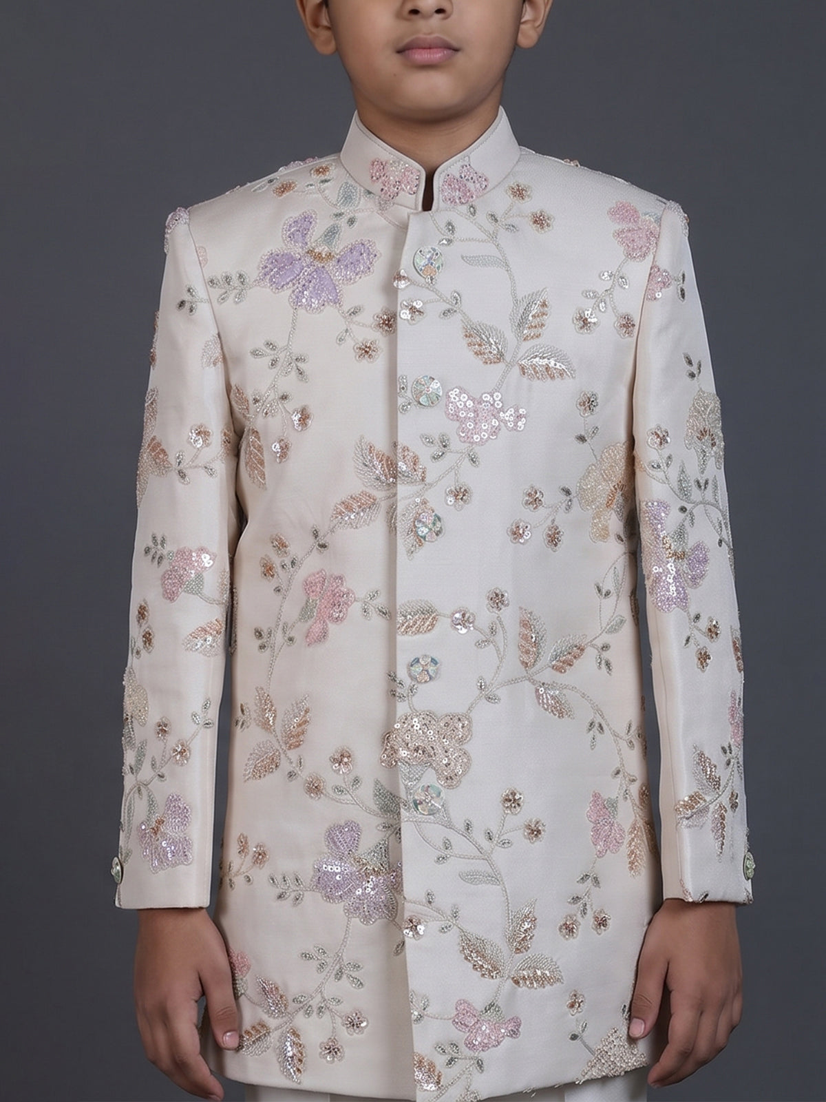 Cream silk blend indowestern suit with sequin embroidery