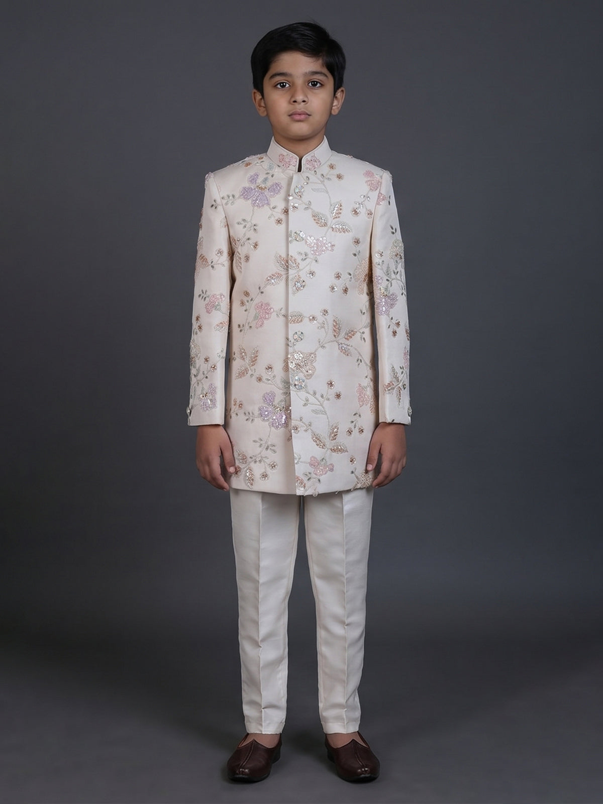 Cream silk blend indowestern suit with sequin embroidery