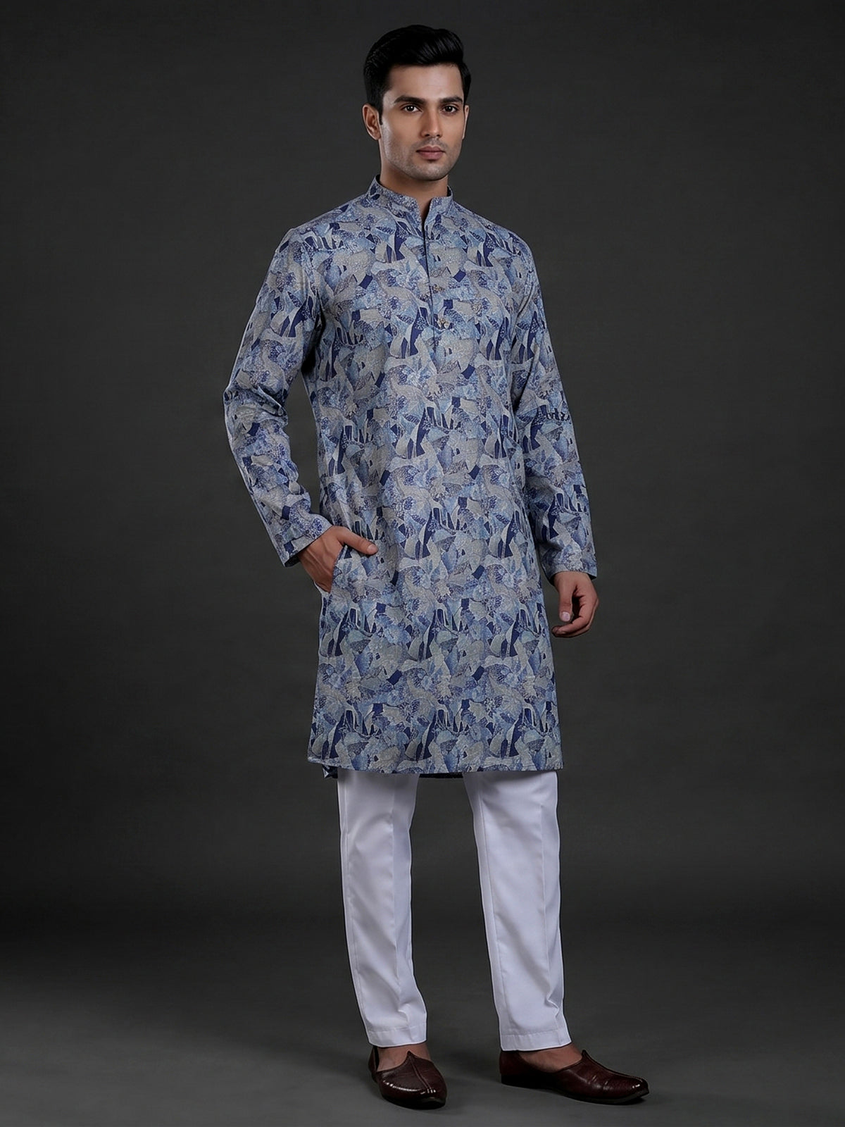 Grey and blue printed cotton kurta suit