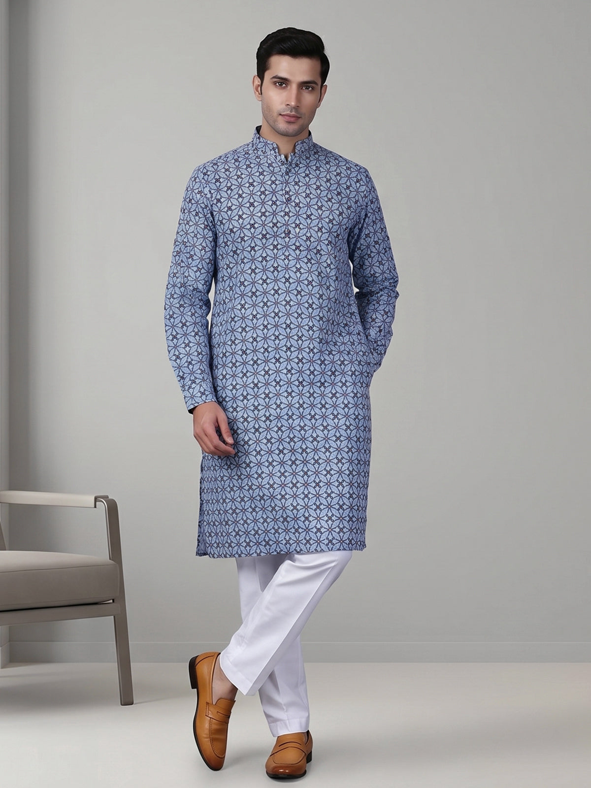 Stone blue cotton silk kurta suit with print