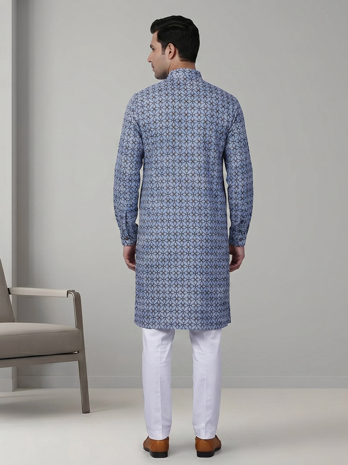 Stone blue cotton silk kurta suit with print