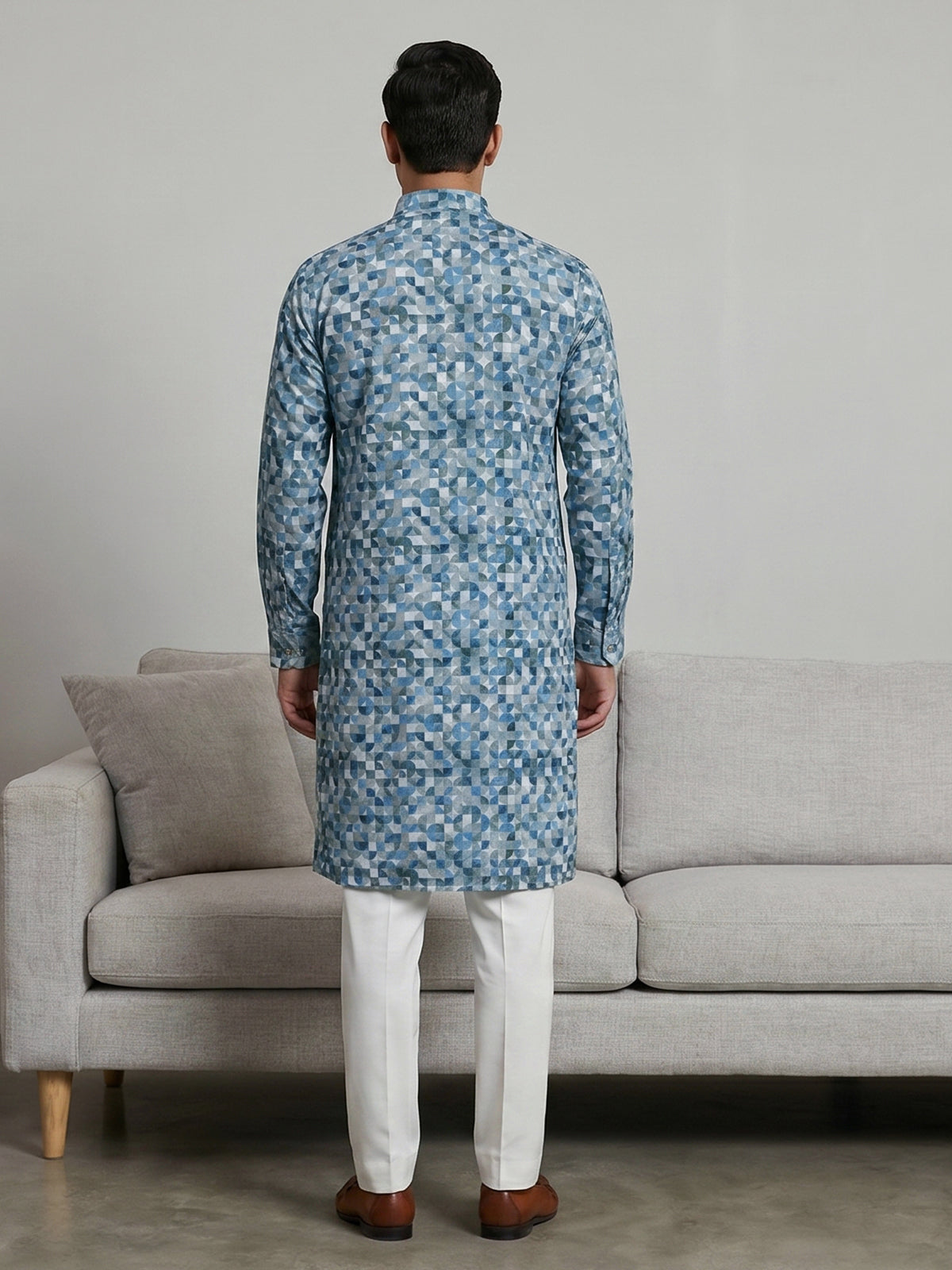 Blue cotton silk printed kurta suit for festivals