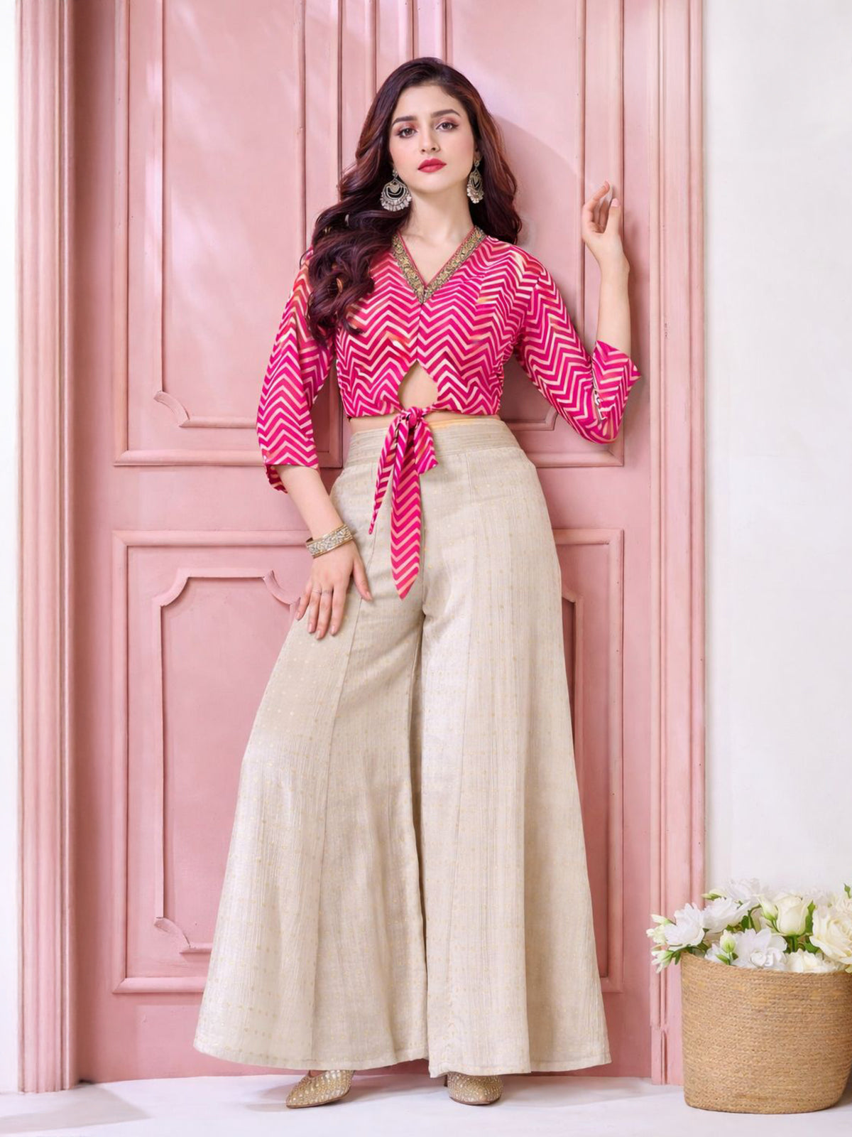 Rani pink off white silk palazzo suit design