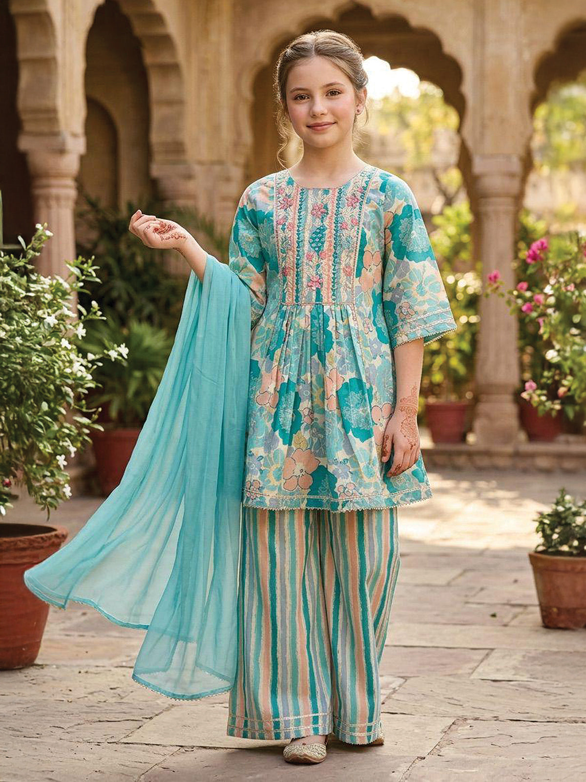 Light green cotton silk palazzo suit with prints