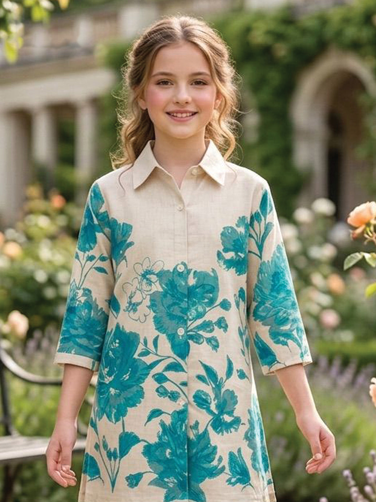 Beige cotton co ord set with blue floral printed design