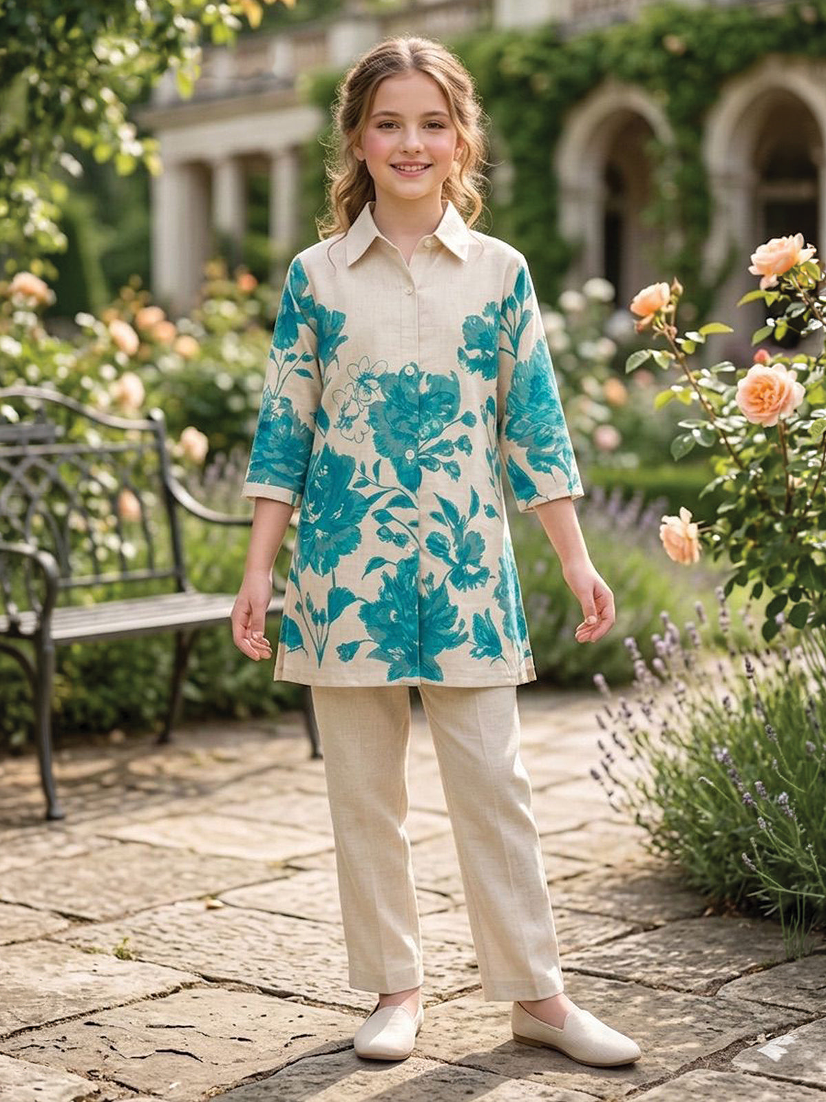 Beige cotton co ord set with blue floral printed design