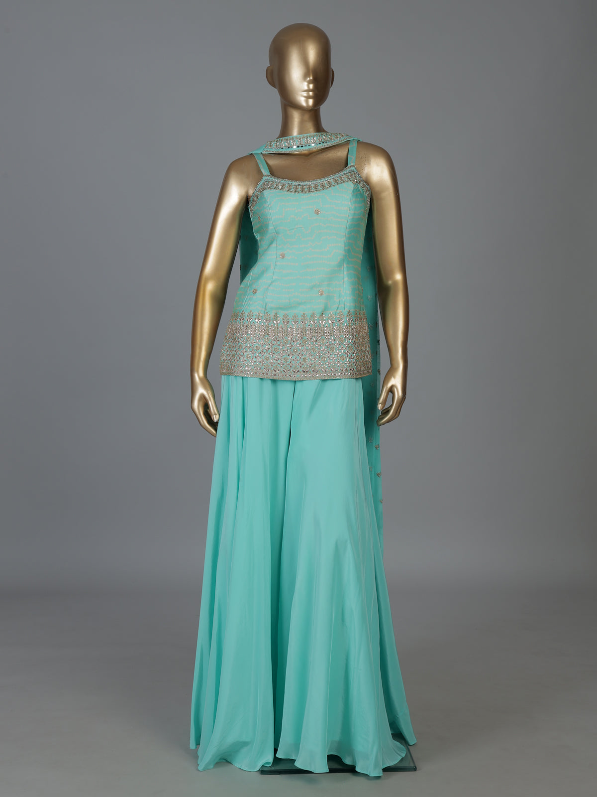 Aqua blue crepe silk palazzo suit with mirror work
