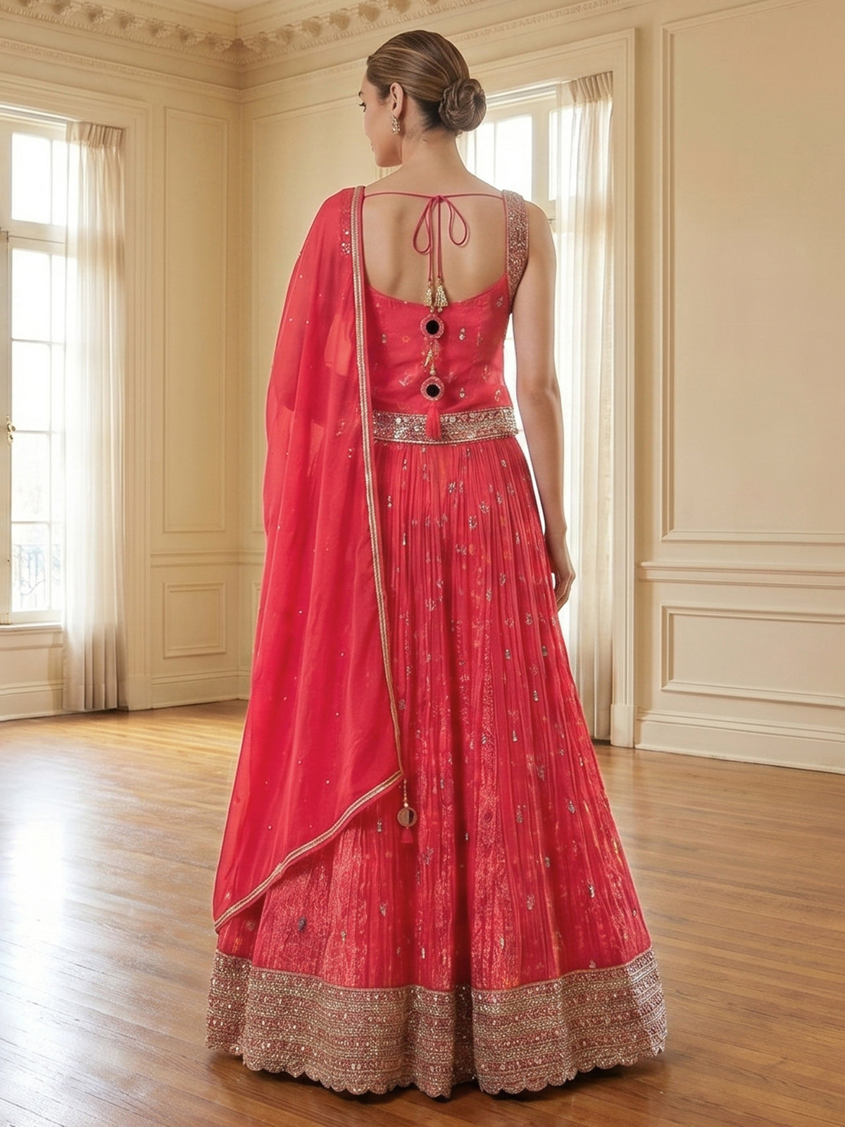 Pink silk designer palazzo suit with detailed work