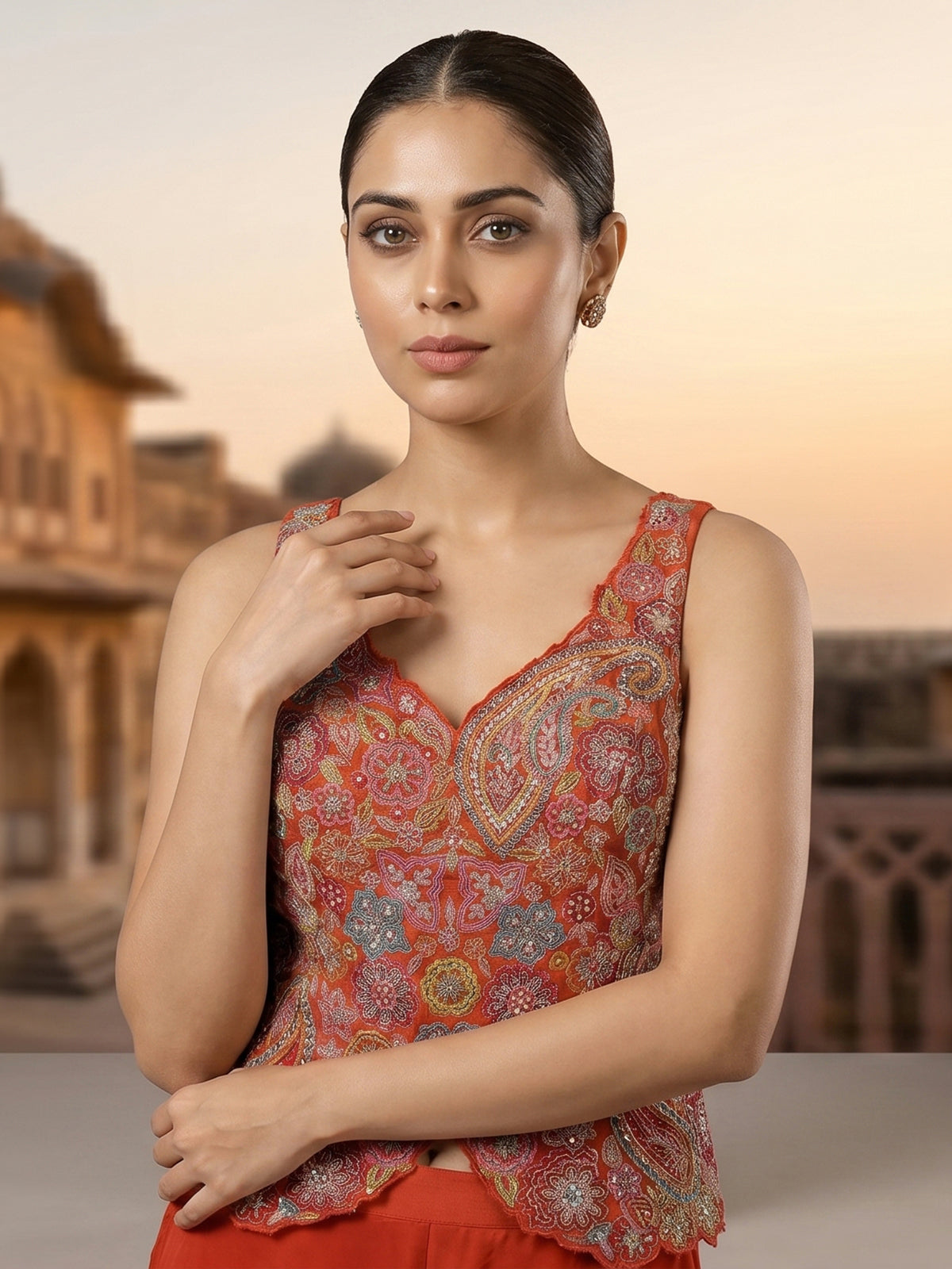 Orange satin silk palazzo suit with heavy embellishments