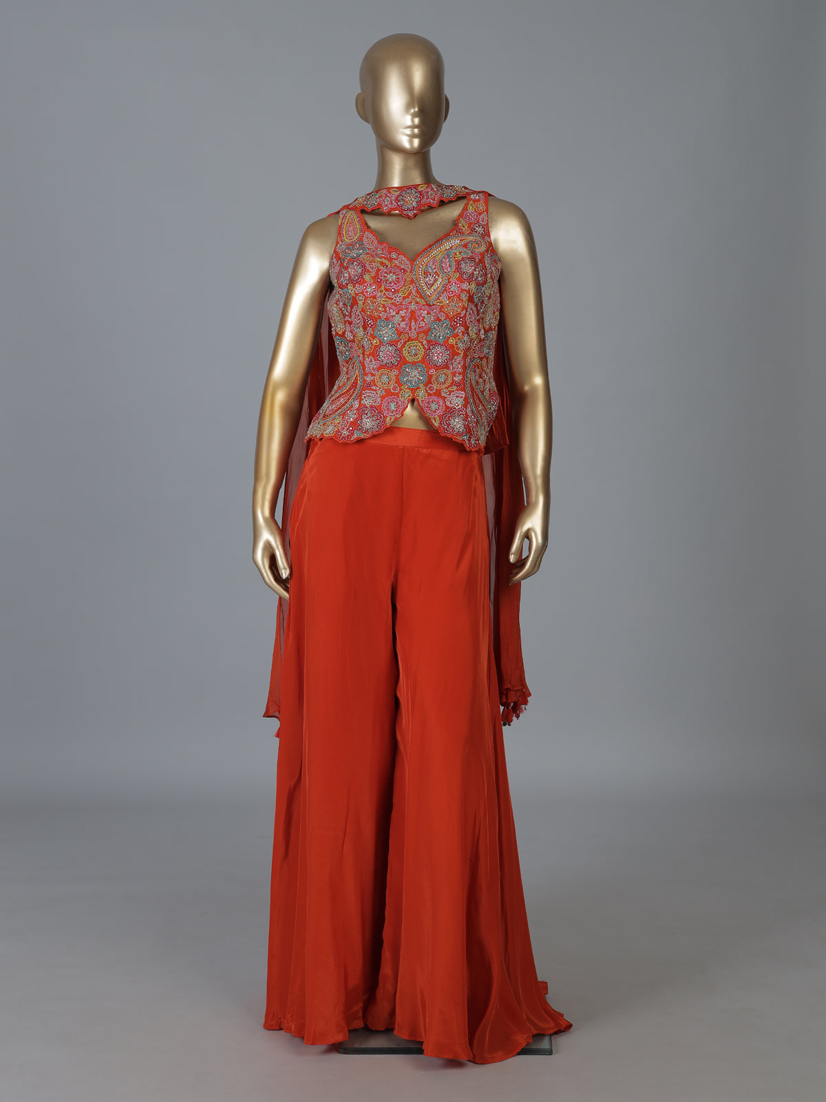 Orange satin silk palazzo suit with heavy embellishments