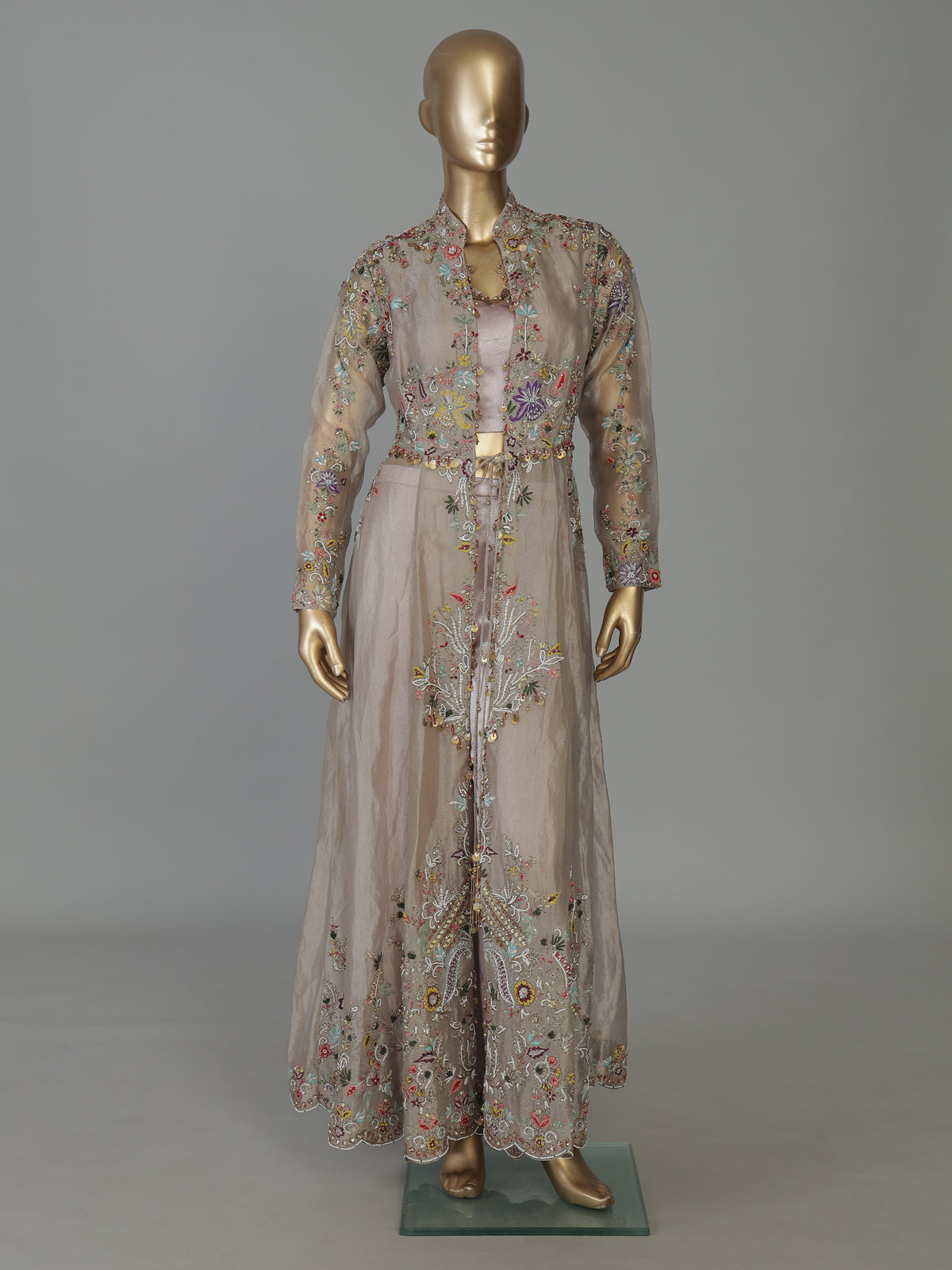 Beige tissue silk long jacket style designer suit