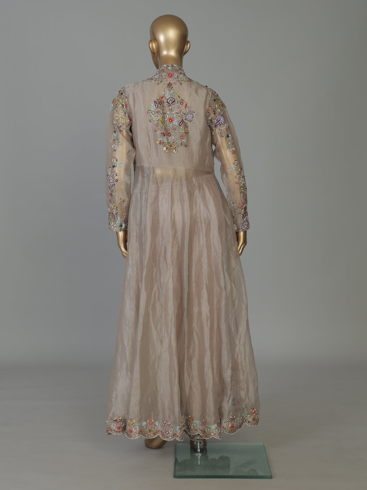 Beige tissue silk long jacket style designer suit