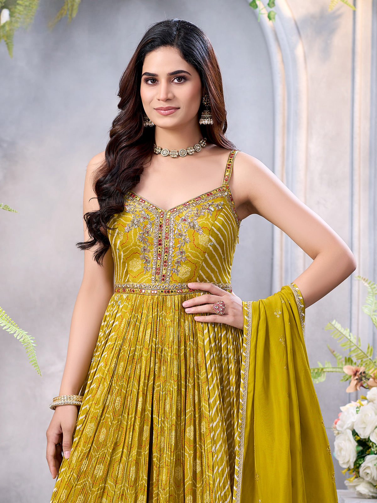 Mehendi green silk palazzo suit with embroidery work
